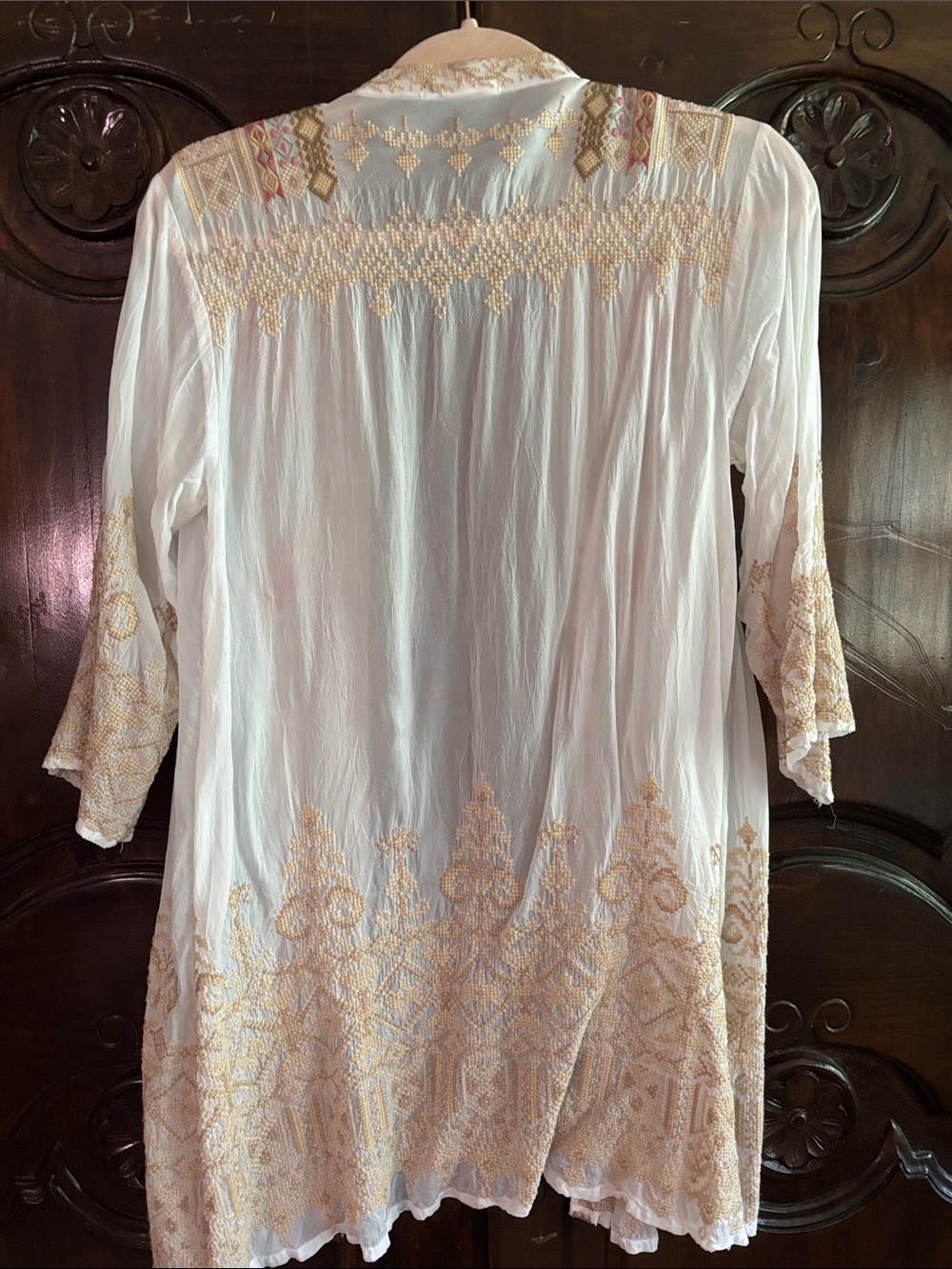 Johnny Was Ivory Sheer Embroidered Kimono with Pink Floral Accents - Picture 2 of 6